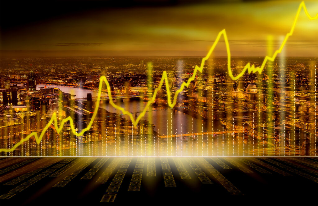 Graph showing an upward trend in value, in the background of a city.